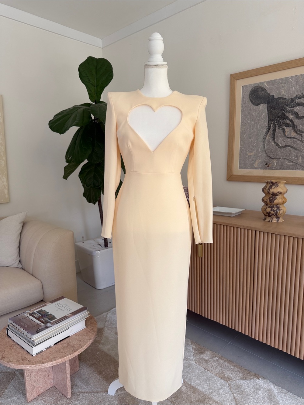 Alex Perry Cream Long-Sleeve Heart Cutout Gown